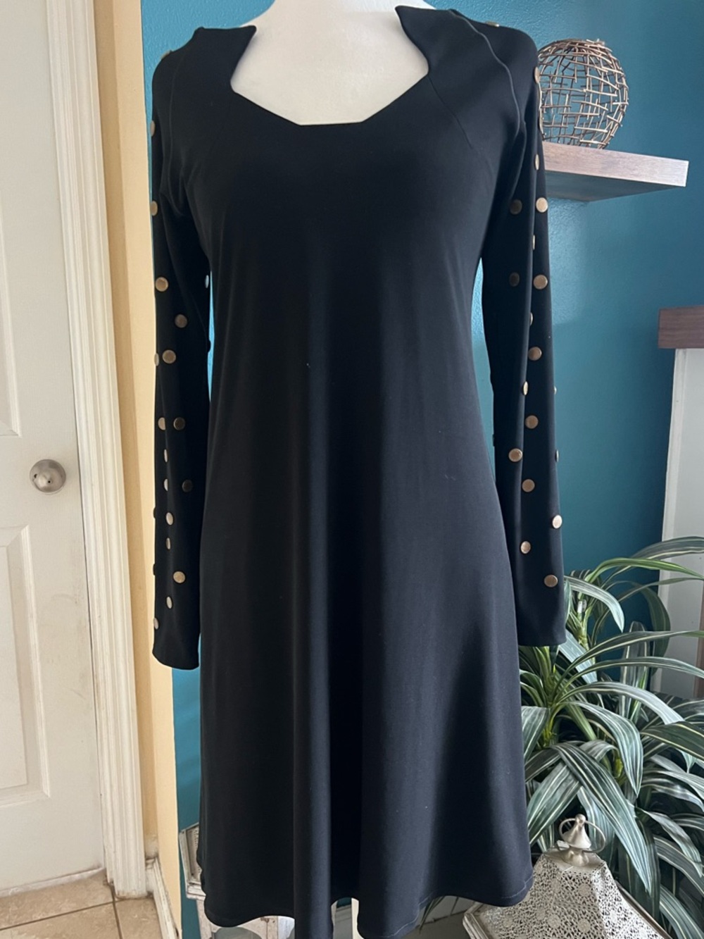 eva varro Black Long-Sleeve A-Line Dress with Gold Studs
